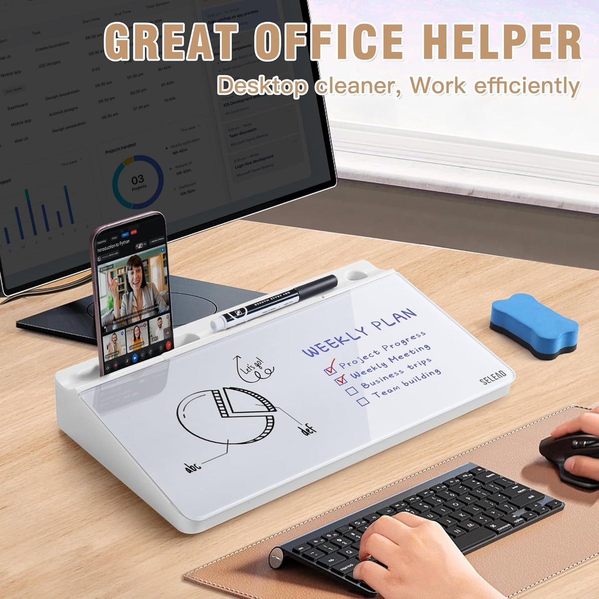 Desktop Glass Whiteboard with Storage, 5 Markers and Eraser, Purple