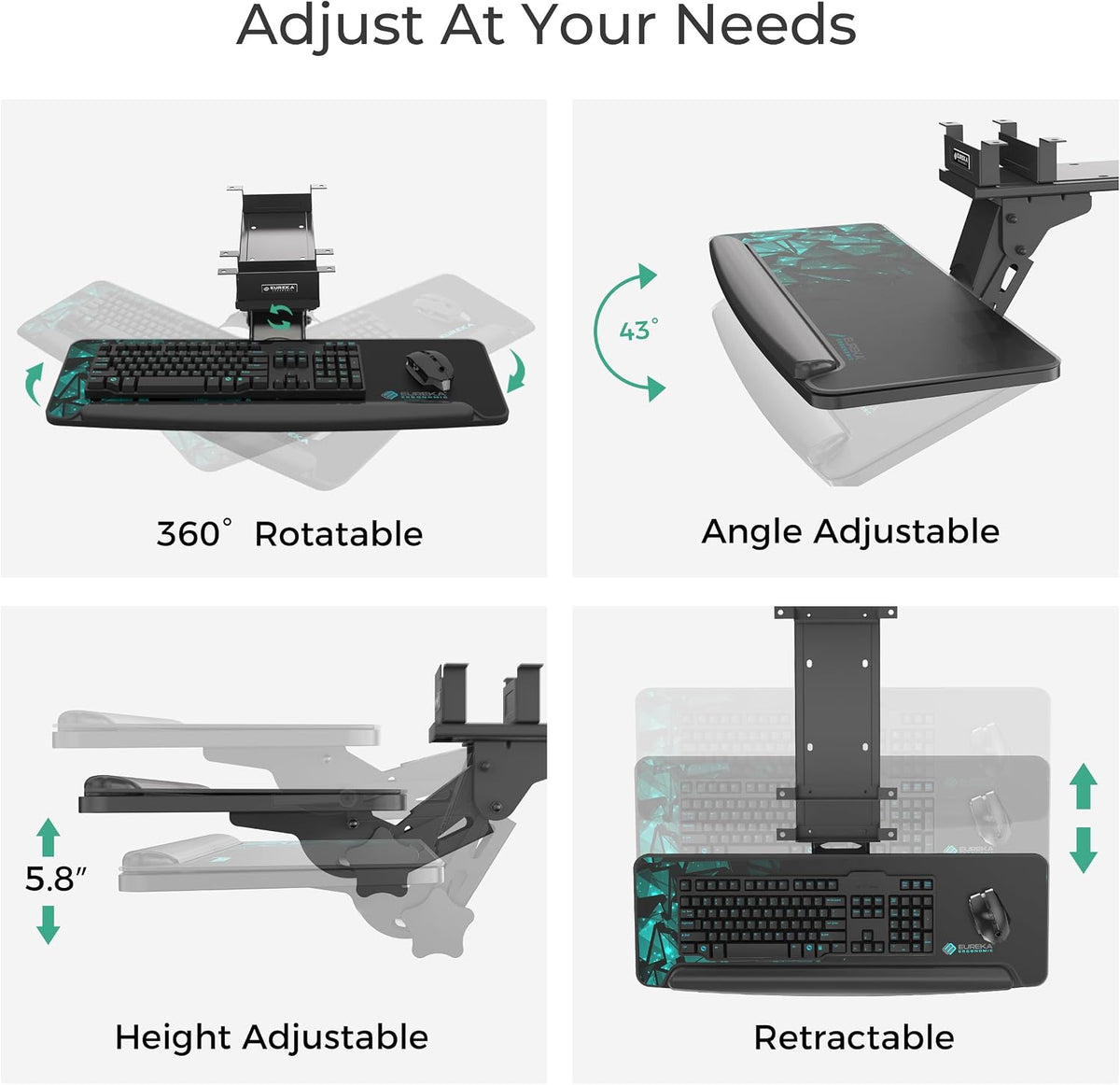 Height Adjustable Mouse & Keyboard Tray Under Desk, 28x10'' Large Slide Out Swivel Tilt Computer Keyboard Drawer with Pad for Gaming Home Office, Dual Mount
