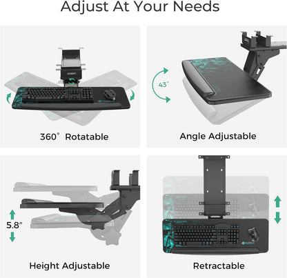 Height Adjustable Mouse & Keyboard Tray Under Desk, 28x10'' Large Slide Out Swivel Tilt Computer Keyboard Drawer with Pad for Gaming Home Office, Dual Mount