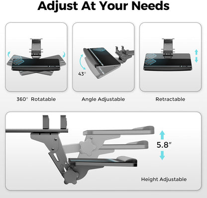 Height Adjustable Mouse & Keyboard Tray Under Desk, 28x10'' Large Slide Out Swivel Tilt Computer Keyboard Drawer with Pad for Gaming Home Office, Dual Mount