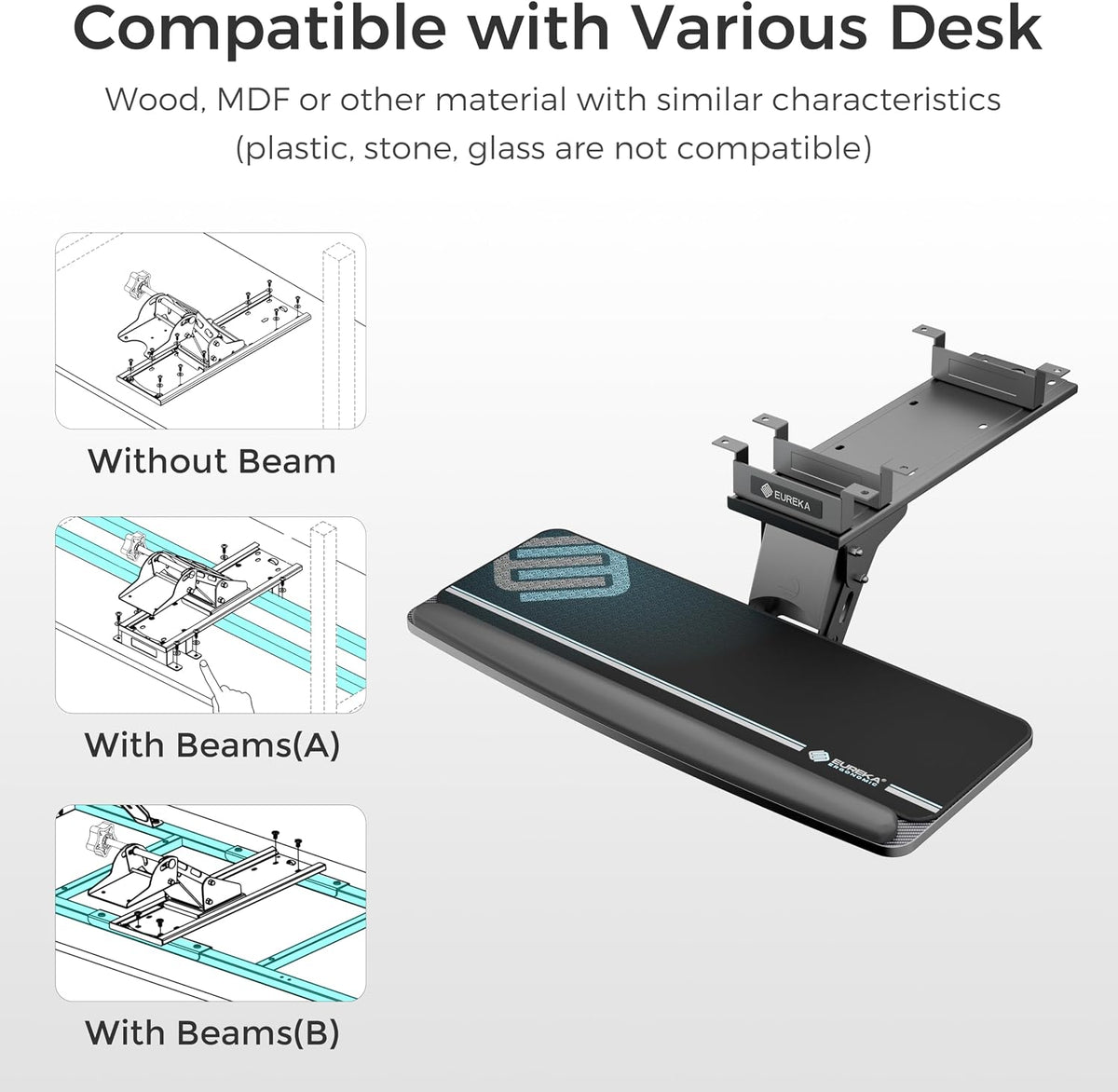 Height Adjustable Mouse & Keyboard Tray Under Desk, 28x10'' Large Slide Out Swivel Tilt Computer Keyboard Drawer with Pad for Gaming Home Office, Dual Mount