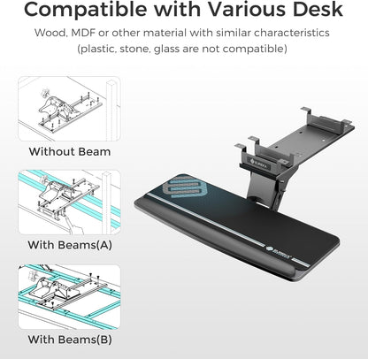 Height Adjustable Mouse & Keyboard Tray Under Desk, 28x10'' Large Slide Out Swivel Tilt Computer Keyboard Drawer with Pad for Gaming Home Office, Dual Mount