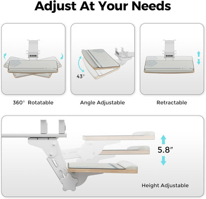 Height Adjustable Mouse & Keyboard Tray Under Desk, 28x10'' Large Slide Out Swivel Tilt Computer Keyboard Drawer with Pad for Gaming Home Office, Dual Mount