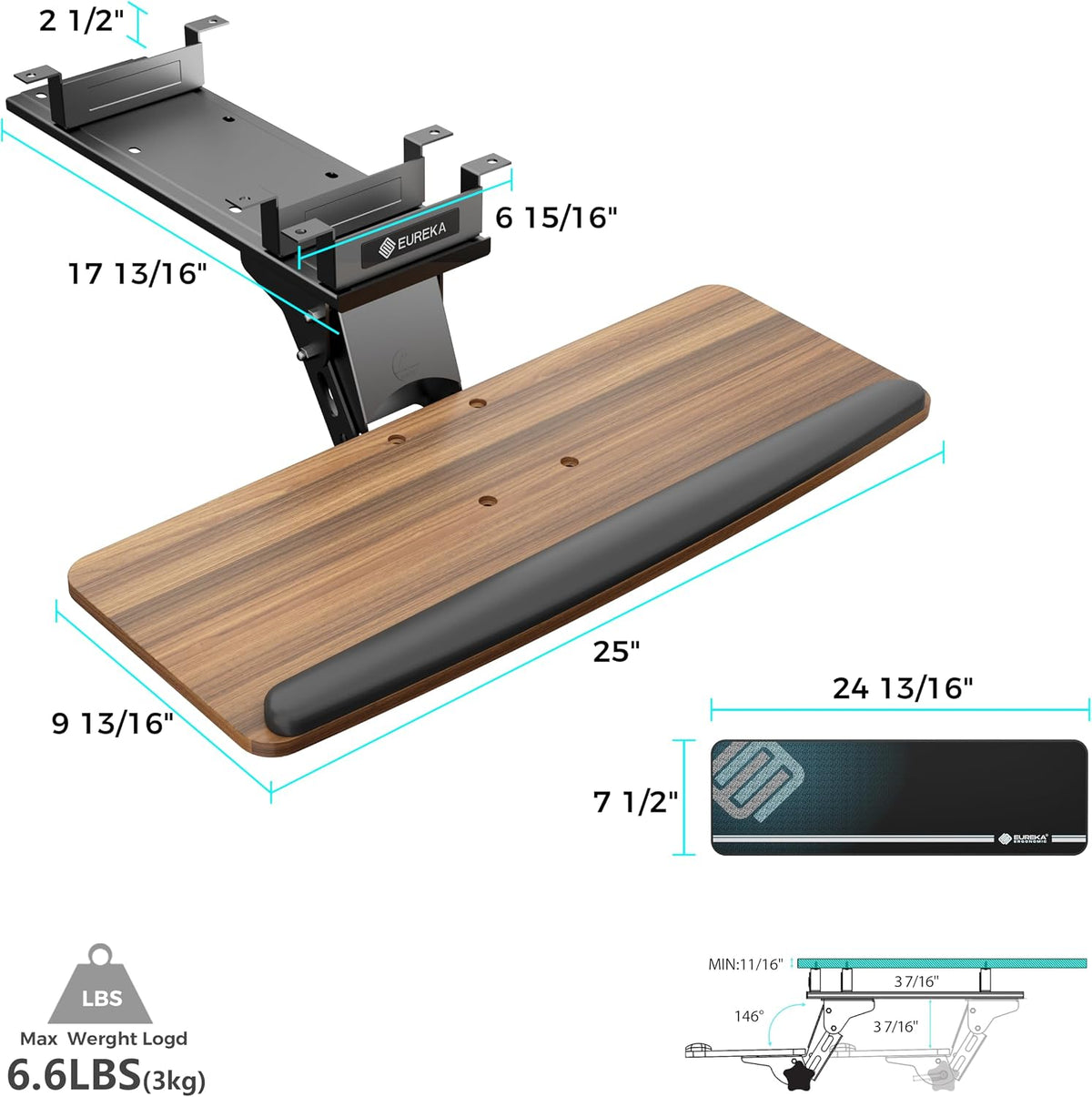 Height Adjustable Mouse & Keyboard Tray Under Desk, 28x10'' Large Slide Out Swivel Tilt Computer Keyboard Drawer with Pad for Gaming Home Office, Dual Mount