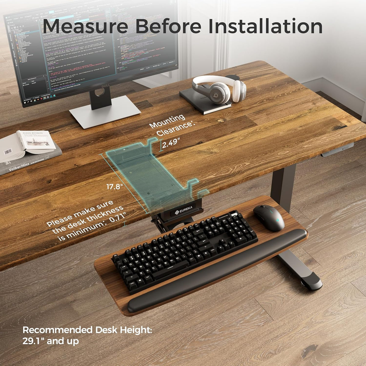 Height Adjustable Mouse & Keyboard Tray Under Desk, 28x10'' Large Slide Out Swivel Tilt Computer Keyboard Drawer with Pad for Gaming Home Office, Dual Mount