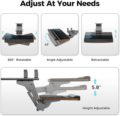 Height Adjustable Mouse & Keyboard Tray Under Desk, 28x10'' Large Slide Out Swivel Tilt Computer Keyboard Drawer with Pad for Gaming Home Office, Dual Mount