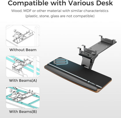 Height Adjustable Mouse & Keyboard Tray Under Desk, 28x10'' Large Slide Out Swivel Tilt Computer Keyboard Drawer with Pad for Gaming Home Office, Dual Mount