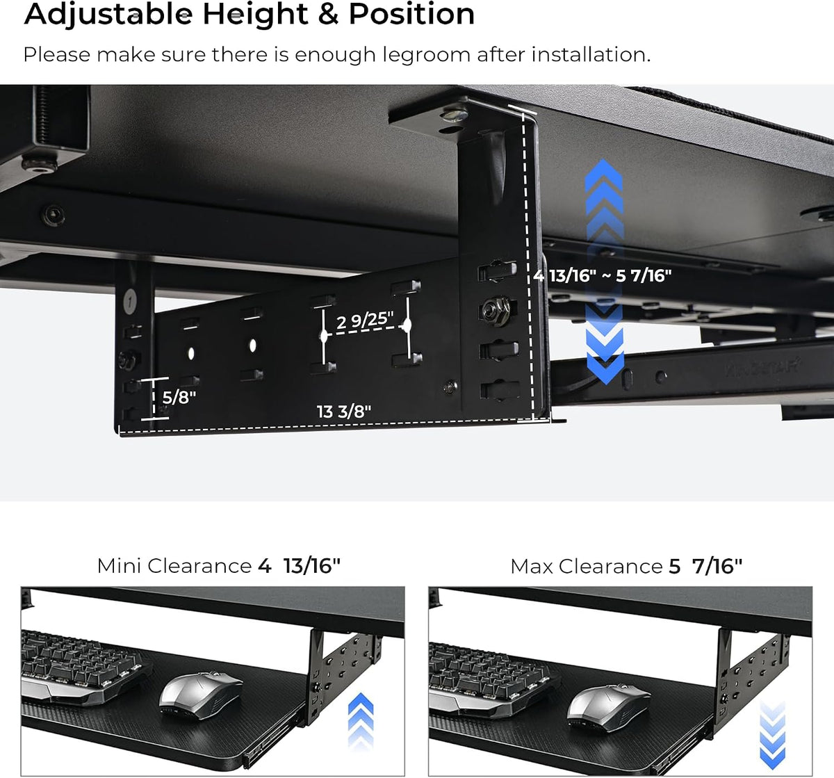 Height Adjustable Mouse & Keyboard Tray Under Desk, 28x10'' Large Slide Out Swivel Tilt Computer Keyboard Drawer with Pad for Gaming Home Office, Dual Mount