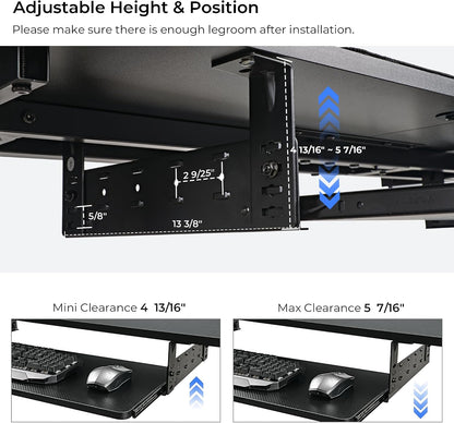 Height Adjustable Mouse & Keyboard Tray Under Desk, 28x10'' Large Slide Out Swivel Tilt Computer Keyboard Drawer with Pad for Gaming Home Office, Dual Mount