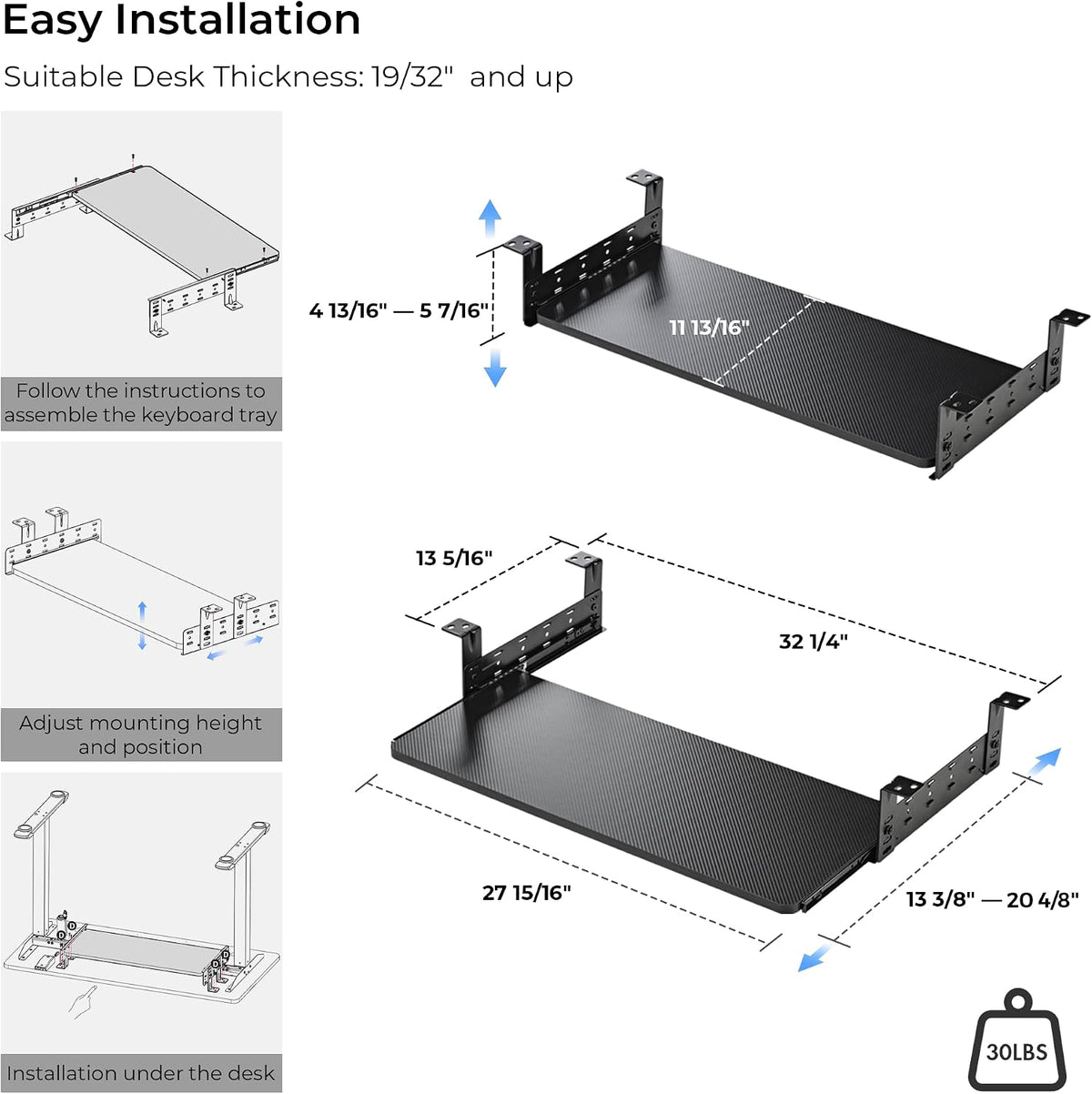 Height Adjustable Mouse & Keyboard Tray Under Desk, 28x10'' Large Slide Out Swivel Tilt Computer Keyboard Drawer with Pad for Gaming Home Office, Dual Mount