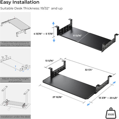 Height Adjustable Mouse & Keyboard Tray Under Desk, 28x10'' Large Slide Out Swivel Tilt Computer Keyboard Drawer with Pad for Gaming Home Office, Dual Mount