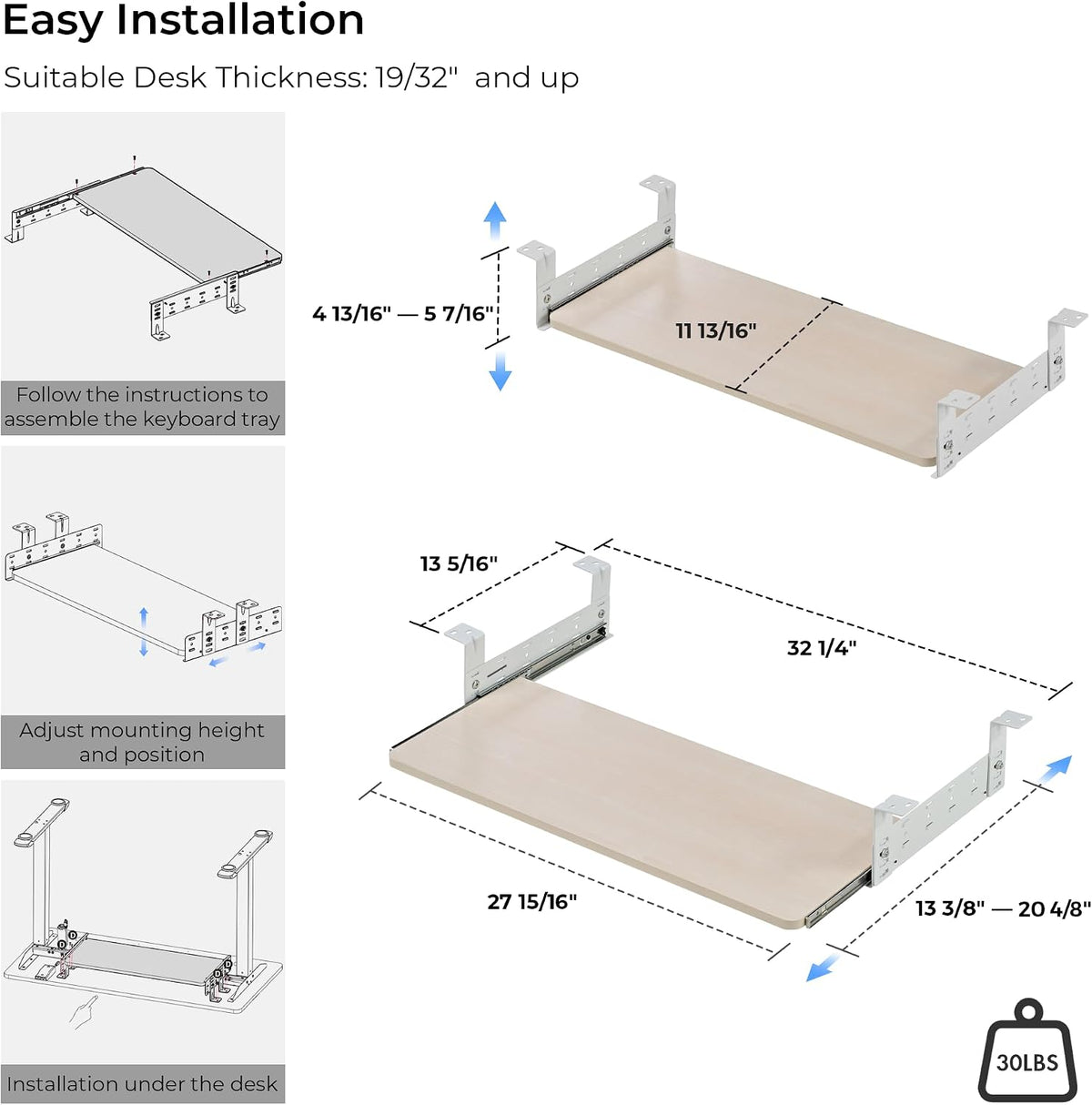 Height Adjustable Mouse & Keyboard Tray Under Desk, 28x10'' Large Slide Out Swivel Tilt Computer Keyboard Drawer with Pad for Gaming Home Office, Dual Mount