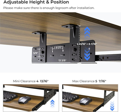 Height Adjustable Mouse & Keyboard Tray Under Desk, 28x10'' Large Slide Out Swivel Tilt Computer Keyboard Drawer with Pad for Gaming Home Office, Dual Mount