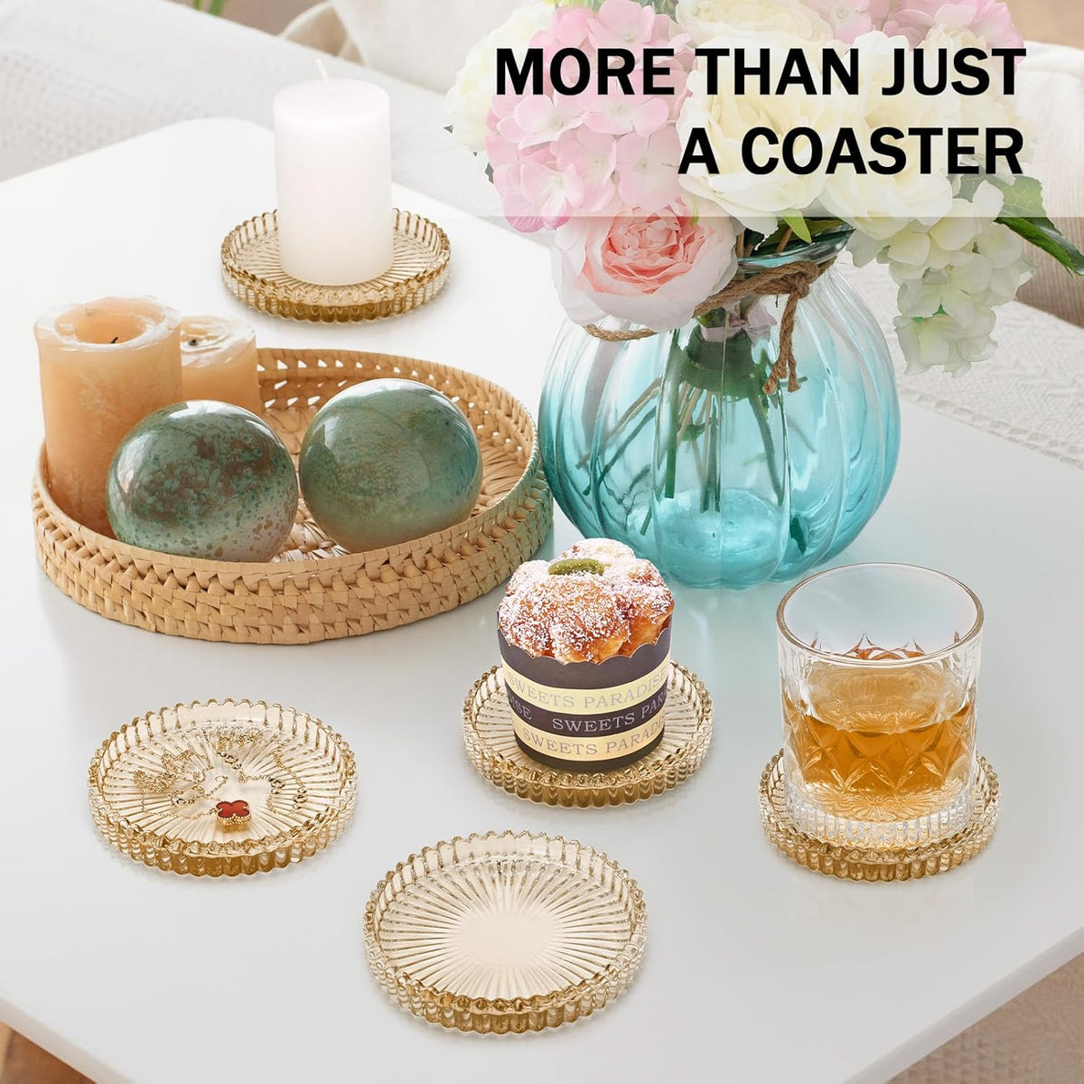 Modern Clear Glass Coasters Set of 6, Cute Coasters Table Mats for Drinks