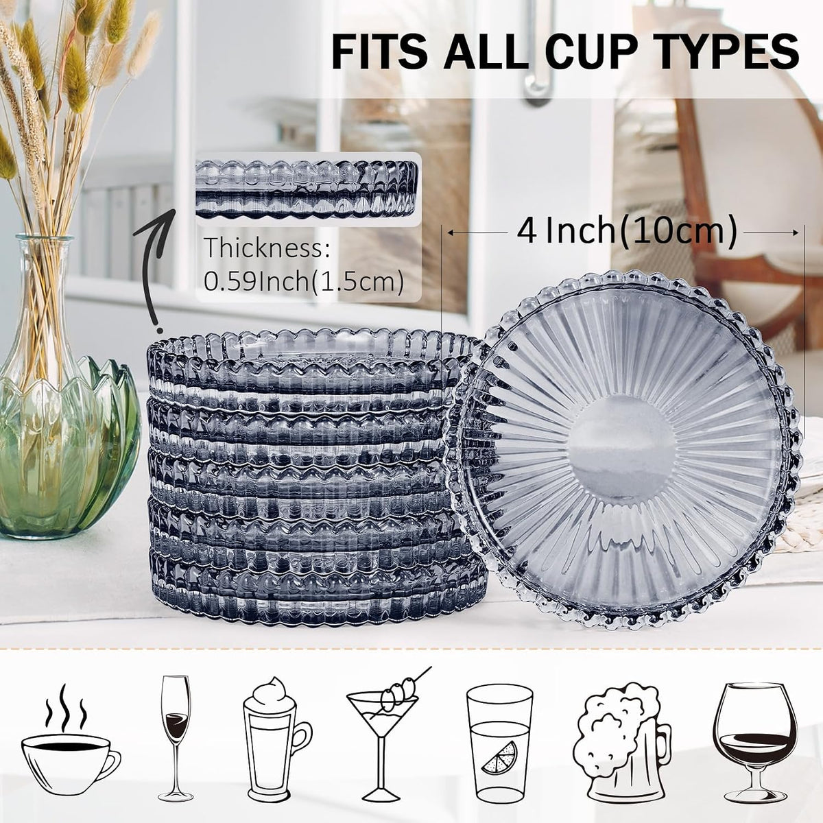 Modern Clear Glass Coasters Set of 6, Cute Coasters Table Mats for Drinks