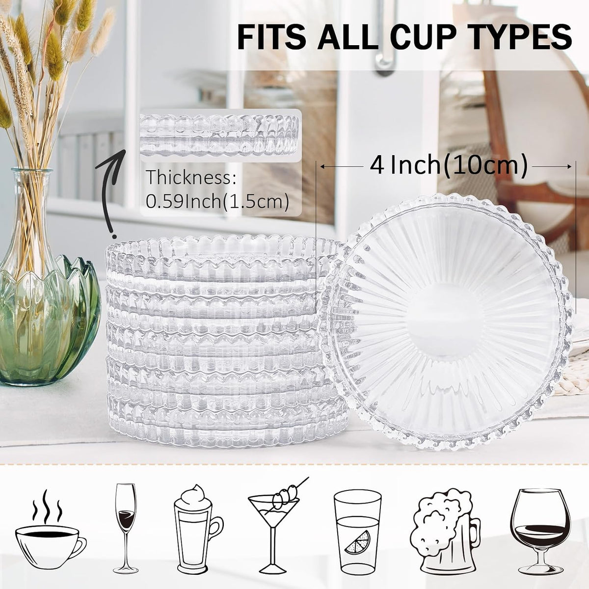 Modern Clear Glass Coasters Set of 6, Cute Coasters Table Mats for Drinks