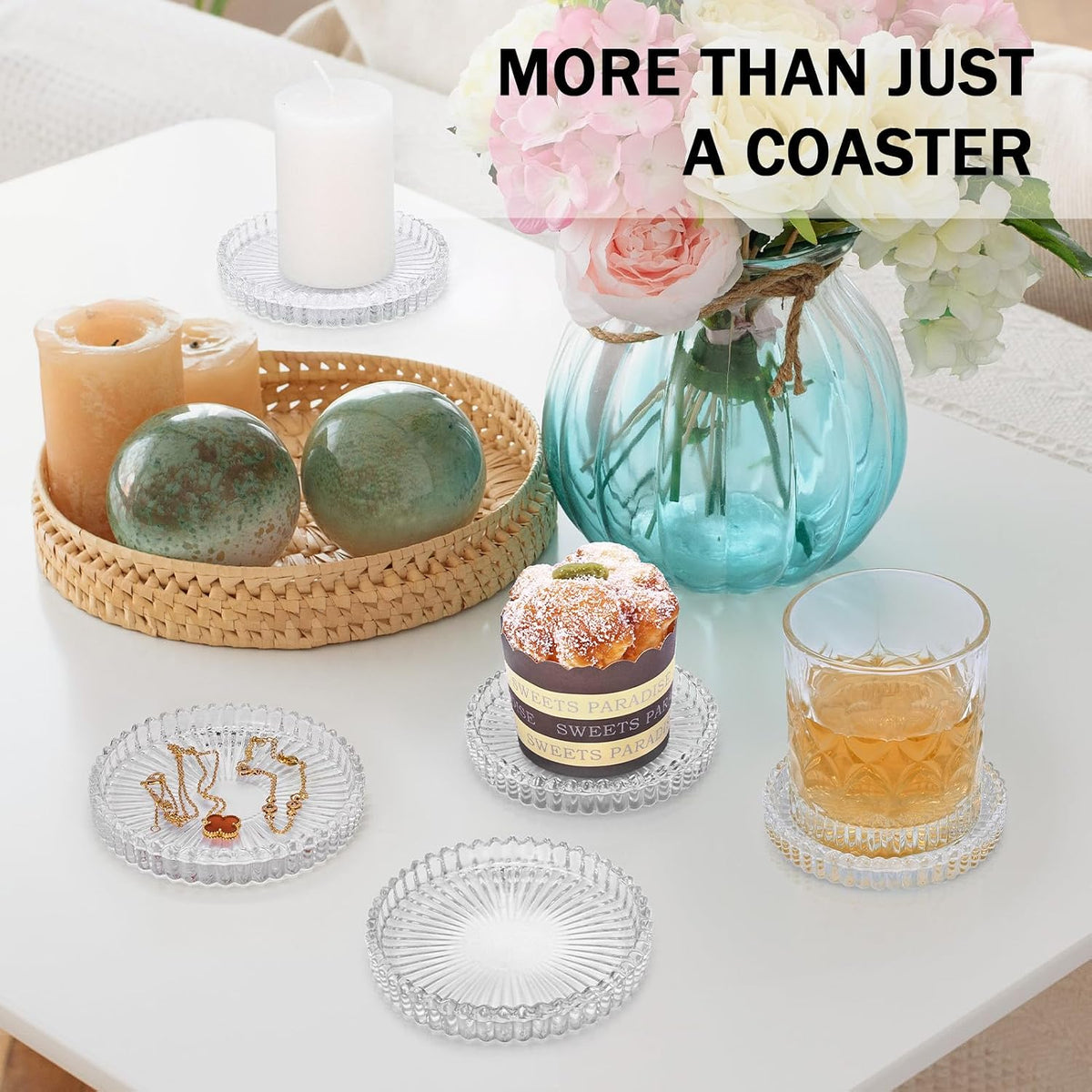 Modern Clear Glass Coasters Set of 6, Cute Coasters Table Mats for Drinks