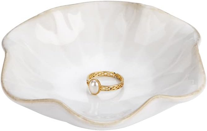 Ring Dish, Kiln Glaze Jewelry Trinket Tray, Gifts for Women I Lotus Leaf Necklace Earrings Holder on Nightstand Bathroom, Ceramic Cute Key Bowl, White. All Jewelries Are NOT Included.