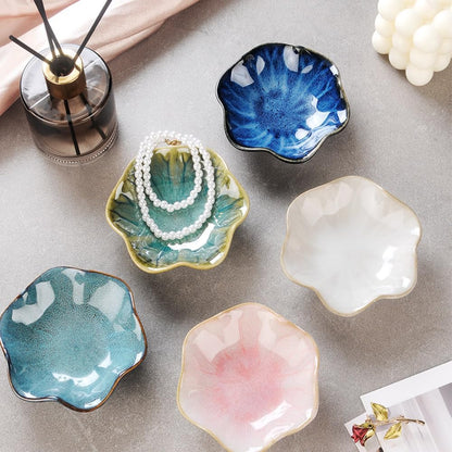Ring Dish, Kiln Glaze Jewelry Trinket Tray, Gifts for Women I Lotus Leaf Necklace Earrings Holder on Nightstand Bathroom, Ceramic Cute Key Bowl, White. All Jewelries Are NOT Included.