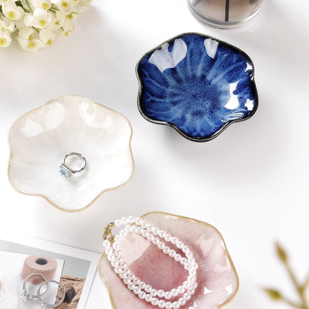 Ring Dish, Kiln Glaze Jewelry Trinket Tray, Gifts for Women I Lotus Leaf Necklace Earrings Holder on Nightstand Bathroom, Ceramic Cute Key Bowl, White. All Jewelries Are NOT Included.