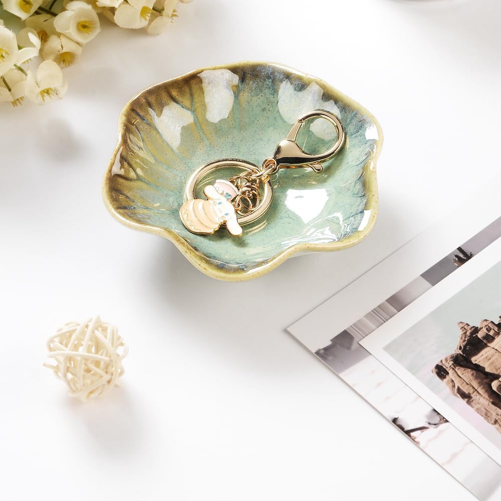 Ring Dish, Kiln Glaze Jewelry Trinket Tray, Gifts for Women I Lotus Leaf Necklace Earrings Holder on Nightstand Bathroom, Ceramic Cute Key Bowl, White. All Jewelries Are NOT Included.