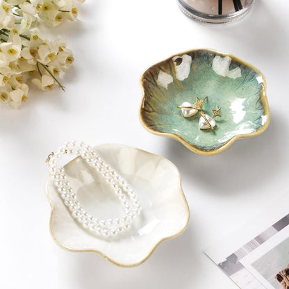 Ring Dish, Kiln Glaze Jewelry Trinket Tray, Gifts for Women I Lotus Leaf Necklace Earrings Holder on Nightstand Bathroom, Ceramic Cute Key Bowl, White. All Jewelries Are NOT Included.