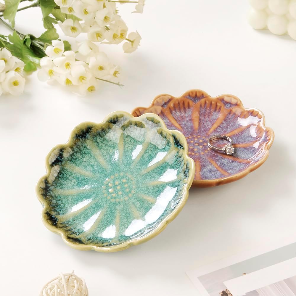 Ring Dish, Kiln Glaze Jewelry Trinket Tray, Gifts for Women I Lotus Leaf Necklace Earrings Holder on Nightstand Bathroom, Ceramic Cute Key Bowl, White. All Jewelries Are NOT Included.