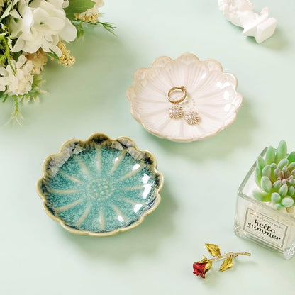 Ring Dish, Kiln Glaze Jewelry Trinket Tray, Gifts for Women I Lotus Leaf Necklace Earrings Holder on Nightstand Bathroom, Ceramic Cute Key Bowl, White. All Jewelries Are NOT Included.
