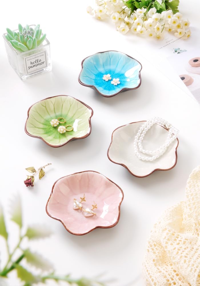 Ring Dish, Kiln Glaze Jewelry Trinket Tray, Gifts for Women I Lotus Leaf Necklace Earrings Holder on Nightstand Bathroom, Ceramic Cute Key Bowl, White. All Jewelries Are NOT Included.