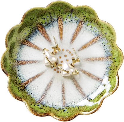 Ring Dish, Kiln Glaze Jewelry Trinket Tray, Gifts for Women I Lotus Leaf Necklace Earrings Holder on Nightstand Bathroom, Ceramic Cute Key Bowl, White. All Jewelries Are NOT Included.