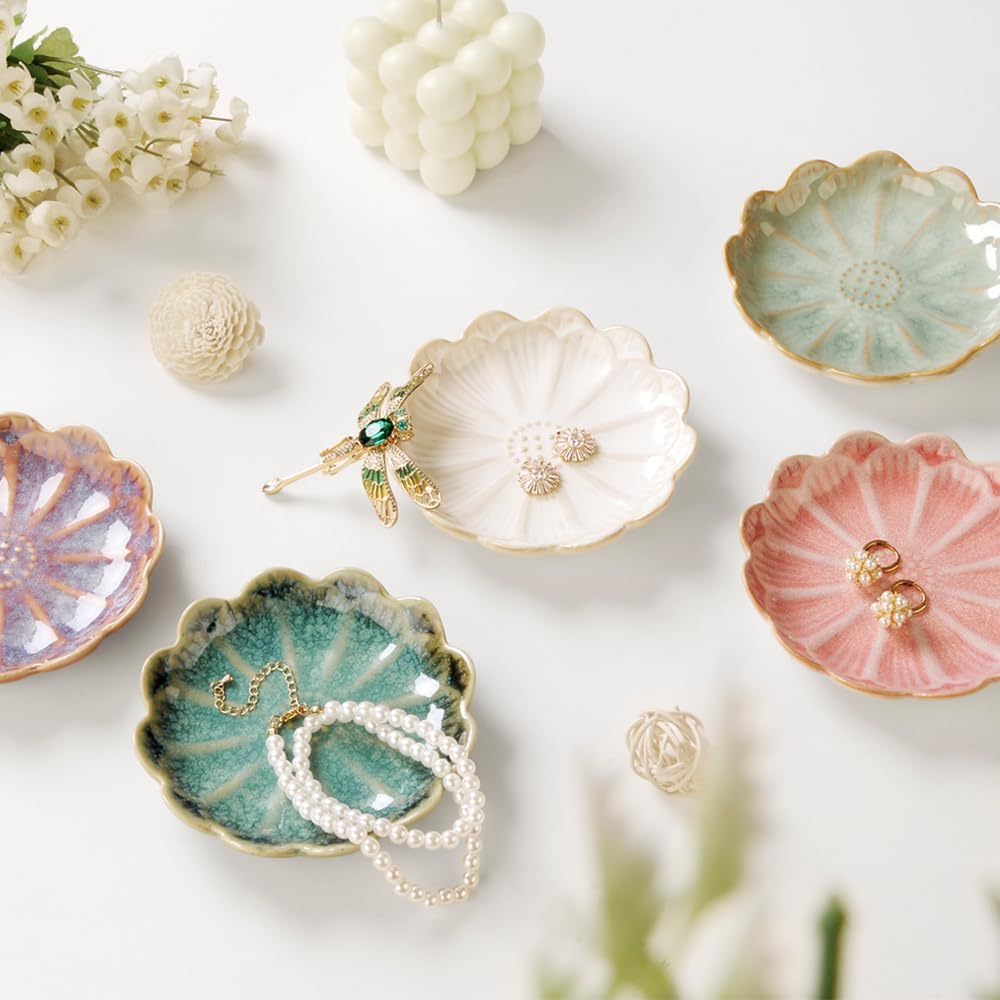 Ring Dish, Kiln Glaze Jewelry Trinket Tray, Gifts for Women I Lotus Leaf Necklace Earrings Holder on Nightstand Bathroom, Ceramic Cute Key Bowl, White. All Jewelries Are NOT Included.