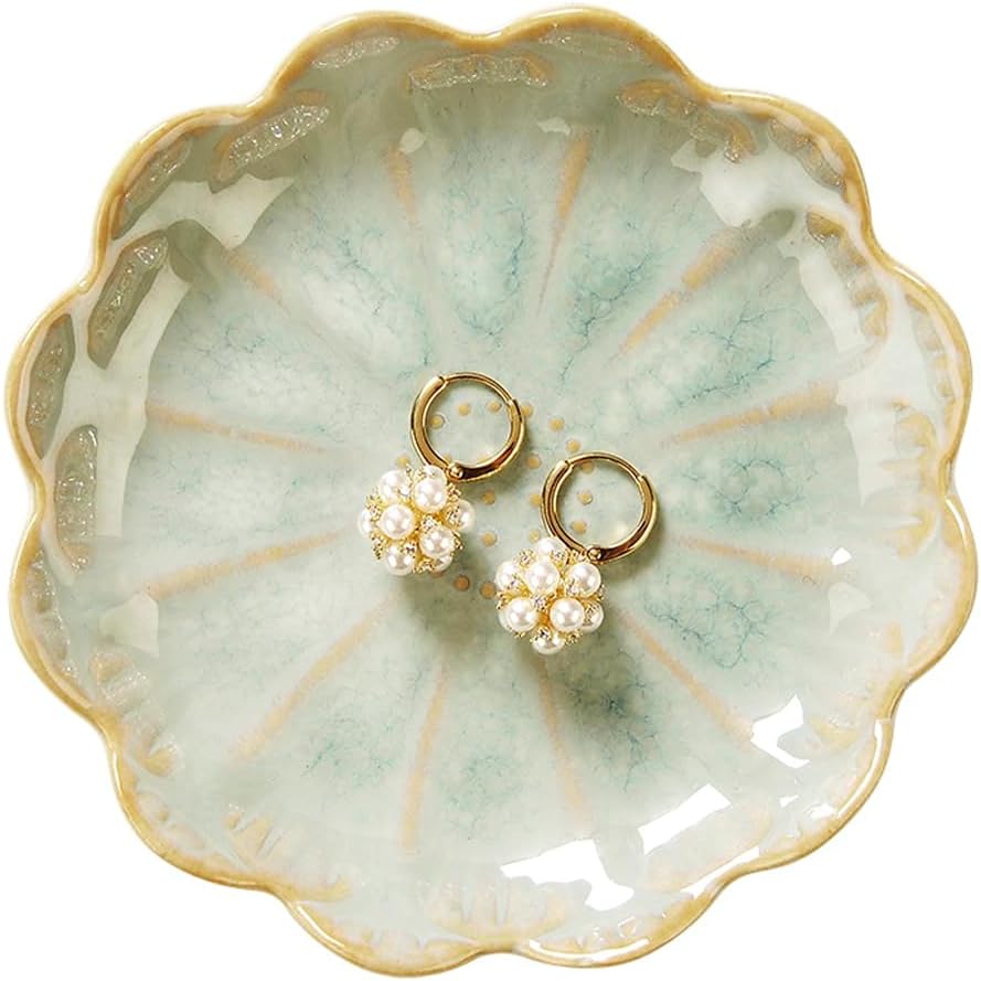 Ring Dish, Kiln Glaze Jewelry Trinket Tray, Gifts for Women I Lotus Leaf Necklace Earrings Holder on Nightstand Bathroom, Ceramic Cute Key Bowl, White. All Jewelries Are NOT Included.