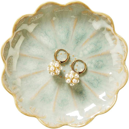 Ring Dish, Kiln Glaze Jewelry Trinket Tray, Gifts for Women I Lotus Leaf Necklace Earrings Holder on Nightstand Bathroom, Ceramic Cute Key Bowl, White. All Jewelries Are NOT Included.