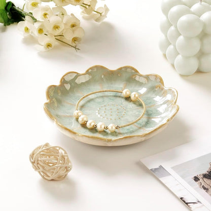 Ring Dish, Kiln Glaze Jewelry Trinket Tray, Gifts for Women I Lotus Leaf Necklace Earrings Holder on Nightstand Bathroom, Ceramic Cute Key Bowl, White. All Jewelries Are NOT Included.