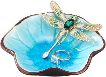 Ring Dish, Kiln Glaze Jewelry Trinket Tray, Gifts for Women I Lotus Leaf Necklace Earrings Holder on Nightstand Bathroom, Ceramic Cute Key Bowl, White. All Jewelries Are NOT Included.