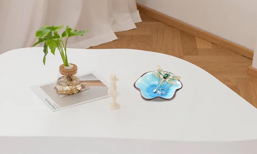 Ring Dish, Kiln Glaze Jewelry Trinket Tray, Gifts for Women I Lotus Leaf Necklace Earrings Holder on Nightstand Bathroom, Ceramic Cute Key Bowl, White. All Jewelries Are NOT Included.