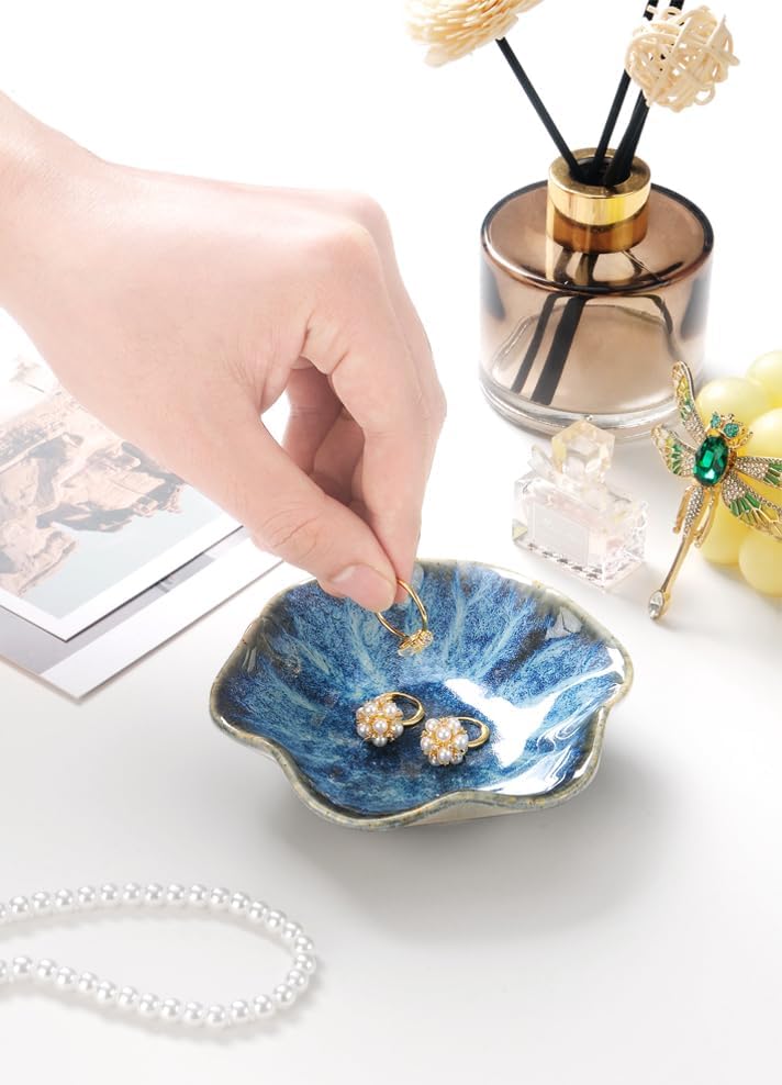 Ring Dish, Kiln Glaze Jewelry Trinket Tray, Gifts for Women I Lotus Leaf Necklace Earrings Holder on Nightstand Bathroom, Ceramic Cute Key Bowl, White. All Jewelries Are NOT Included.