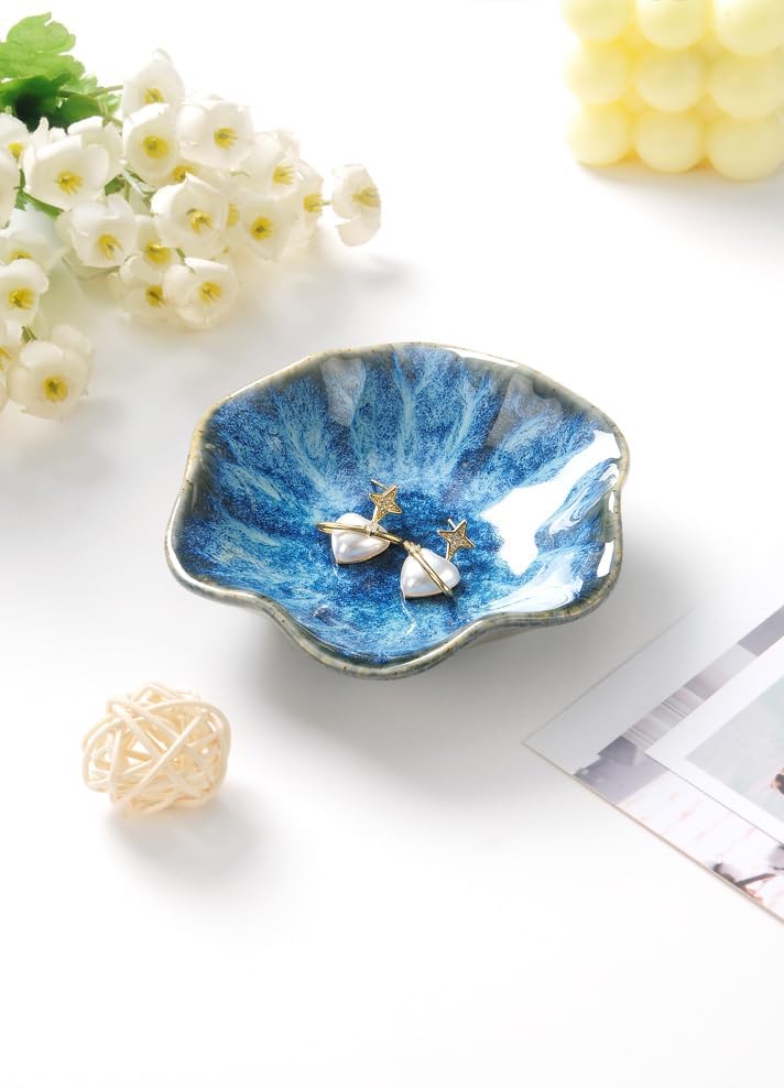 Ring Dish, Kiln Glaze Jewelry Trinket Tray, Gifts for Women I Lotus Leaf Necklace Earrings Holder on Nightstand Bathroom, Ceramic Cute Key Bowl, White. All Jewelries Are NOT Included.