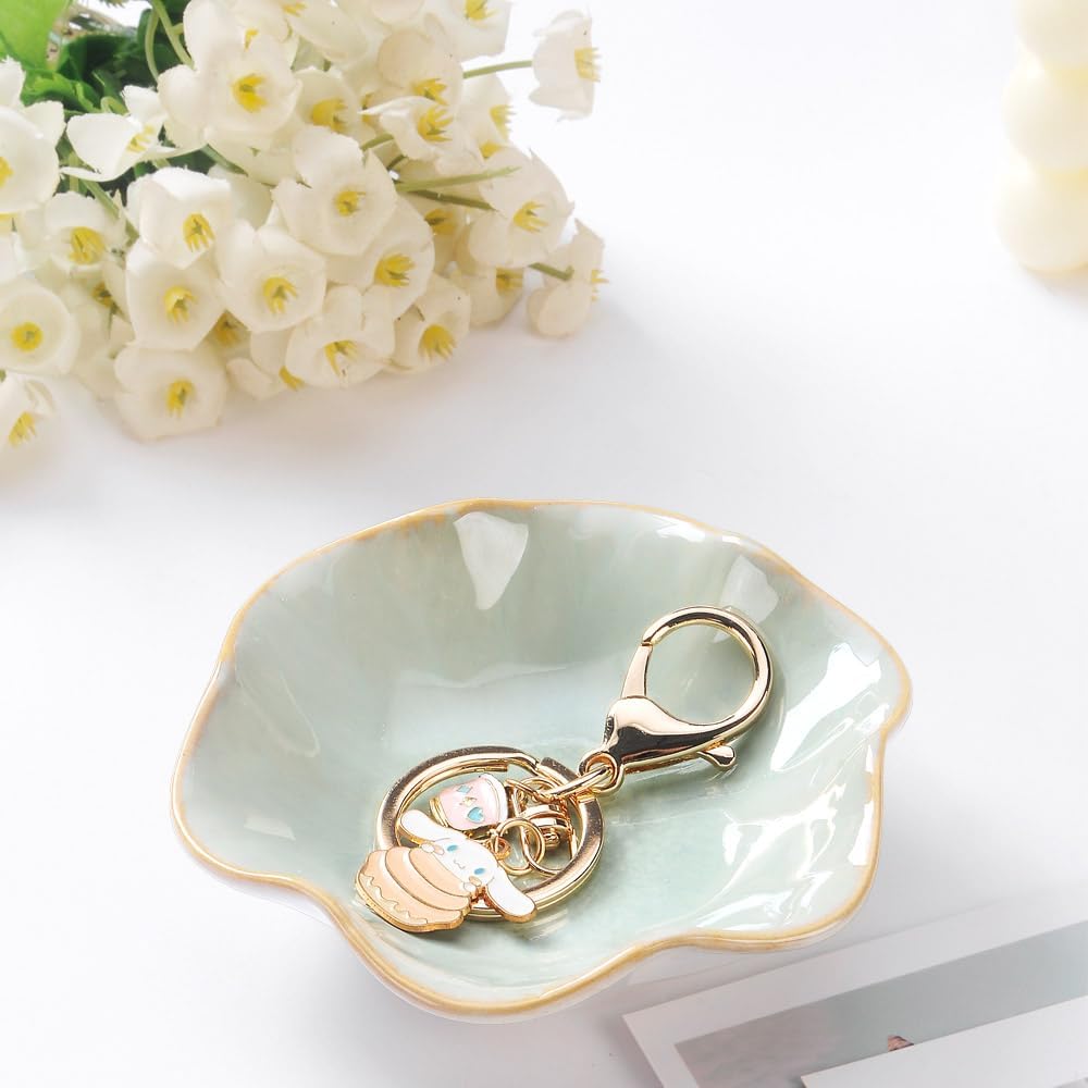 Ring Dish, Kiln Glaze Jewelry Trinket Tray, Gifts for Women I Lotus Leaf Necklace Earrings Holder on Nightstand Bathroom, Ceramic Cute Key Bowl, White. All Jewelries Are NOT Included.