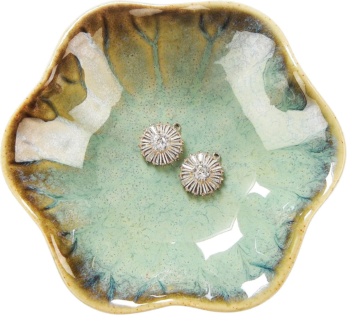 Ring Dish, Kiln Glaze Jewelry Trinket Tray, Gifts for Women I Lotus Leaf Necklace Earrings Holder on Nightstand Bathroom, Ceramic Cute Key Bowl, White. All Jewelries Are NOT Included.