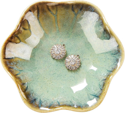 Ring Dish, Kiln Glaze Jewelry Trinket Tray, Gifts for Women I Lotus Leaf Necklace Earrings Holder on Nightstand Bathroom, Ceramic Cute Key Bowl, White. All Jewelries Are NOT Included.