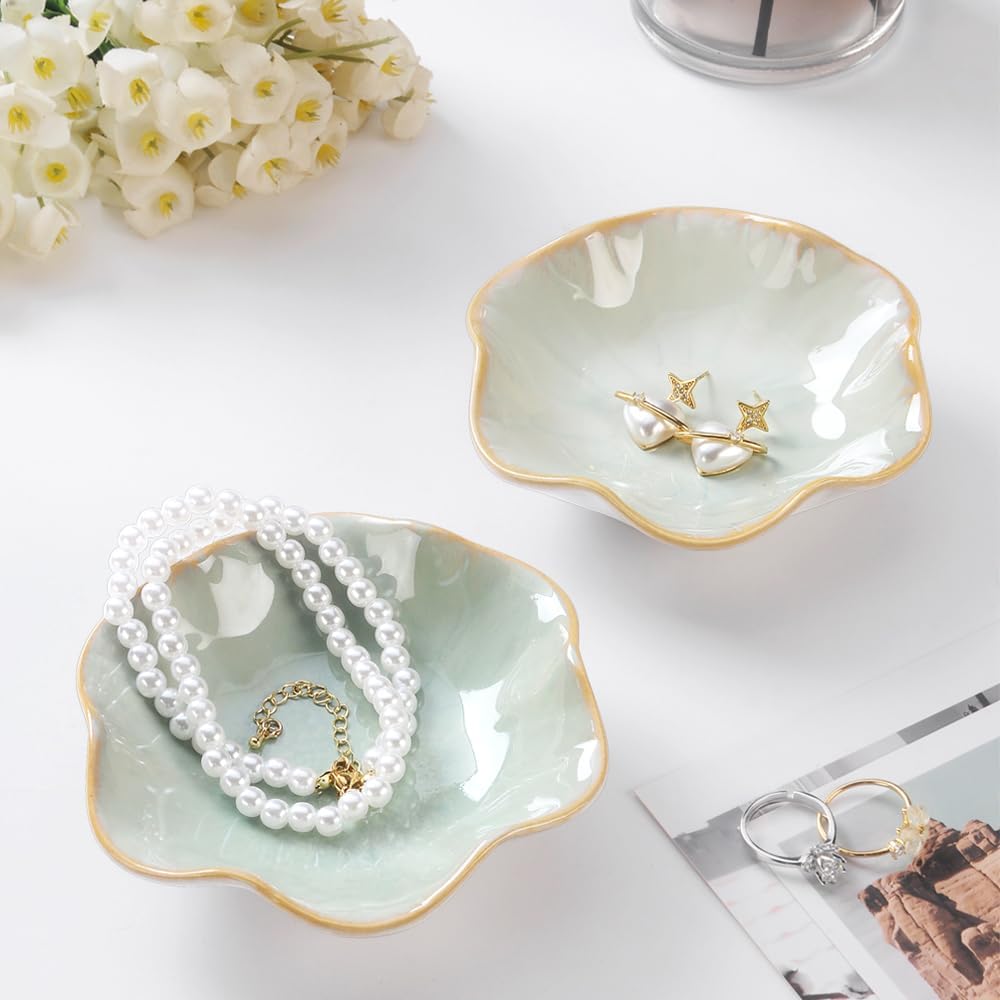 Ring Dish, Kiln Glaze Jewelry Trinket Tray, Gifts for Women I Lotus Leaf Necklace Earrings Holder on Nightstand Bathroom, Ceramic Cute Key Bowl, White. All Jewelries Are NOT Included.