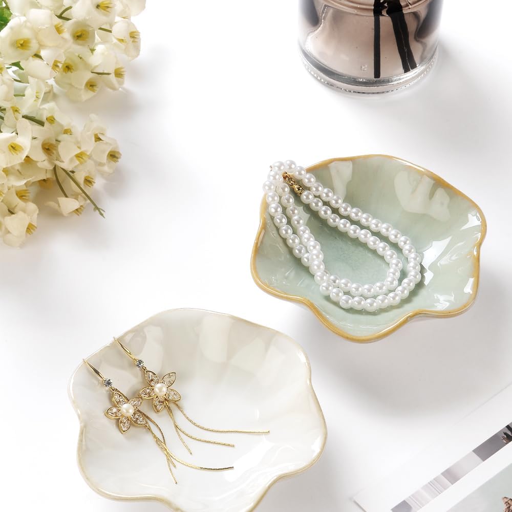 Ring Dish, Kiln Glaze Jewelry Trinket Tray, Gifts for Women I Lotus Leaf Necklace Earrings Holder on Nightstand Bathroom, Ceramic Cute Key Bowl, White. All Jewelries Are NOT Included.