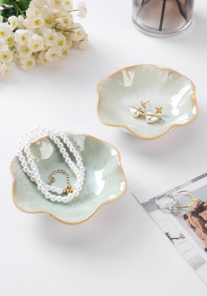 Ring Dish, Kiln Glaze Jewelry Trinket Tray, Gifts for Women I Lotus Leaf Necklace Earrings Holder on Nightstand Bathroom, Ceramic Cute Key Bowl, White. All Jewelries Are NOT Included.