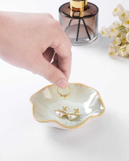 Ring Dish, Kiln Glaze Jewelry Trinket Tray, Gifts for Women I Lotus Leaf Necklace Earrings Holder on Nightstand Bathroom, Ceramic Cute Key Bowl, White. All Jewelries Are NOT Included.
