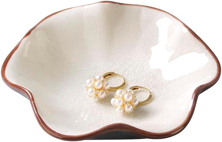 Ring Dish, Kiln Glaze Jewelry Trinket Tray, Gifts for Women I Lotus Leaf Necklace Earrings Holder on Nightstand Bathroom, Ceramic Cute Key Bowl, White. All Jewelries Are NOT Included.