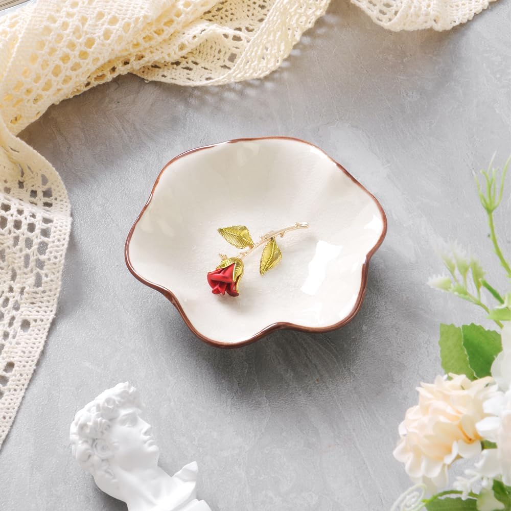 Ring Dish, Kiln Glaze Jewelry Trinket Tray, Gifts for Women I Lotus Leaf Necklace Earrings Holder on Nightstand Bathroom, Ceramic Cute Key Bowl, White. All Jewelries Are NOT Included.