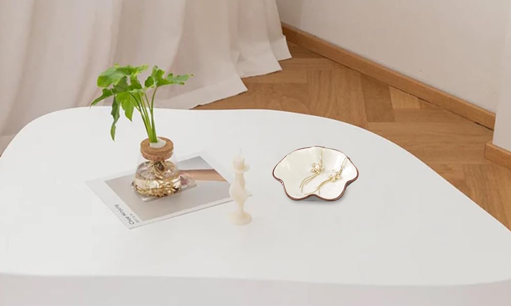 Ring Dish, Kiln Glaze Jewelry Trinket Tray, Gifts for Women I Lotus Leaf Necklace Earrings Holder on Nightstand Bathroom, Ceramic Cute Key Bowl, White. All Jewelries Are NOT Included.