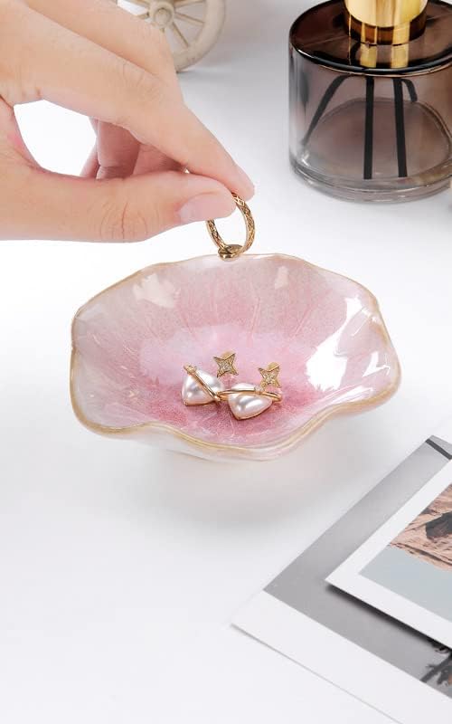 Ring Dish, Kiln Glaze Jewelry Trinket Tray, Gifts for Women I Lotus Leaf Necklace Earrings Holder on Nightstand Bathroom, Ceramic Cute Key Bowl, White. All Jewelries Are NOT Included.