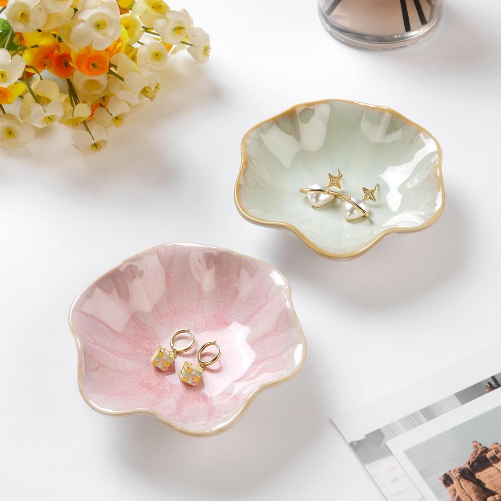 Ring Dish, Kiln Glaze Jewelry Trinket Tray, Gifts for Women I Lotus Leaf Necklace Earrings Holder on Nightstand Bathroom, Ceramic Cute Key Bowl, White. All Jewelries Are NOT Included.